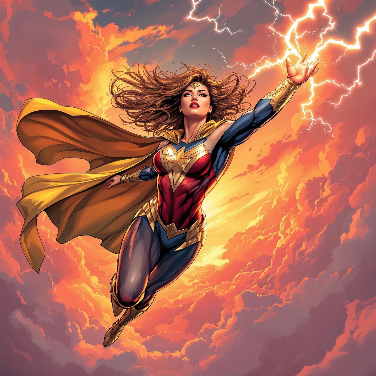 Superhero Soaring Through Sunset Sky in Comic Book Style