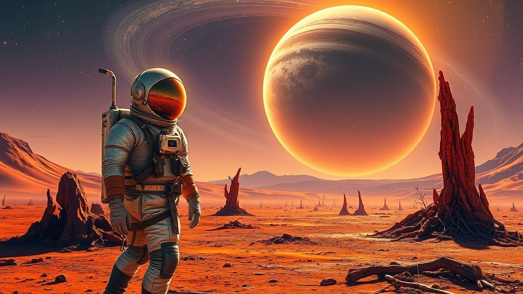 Astronaut Contemplates Ringed Gas Giant on Barren Planet