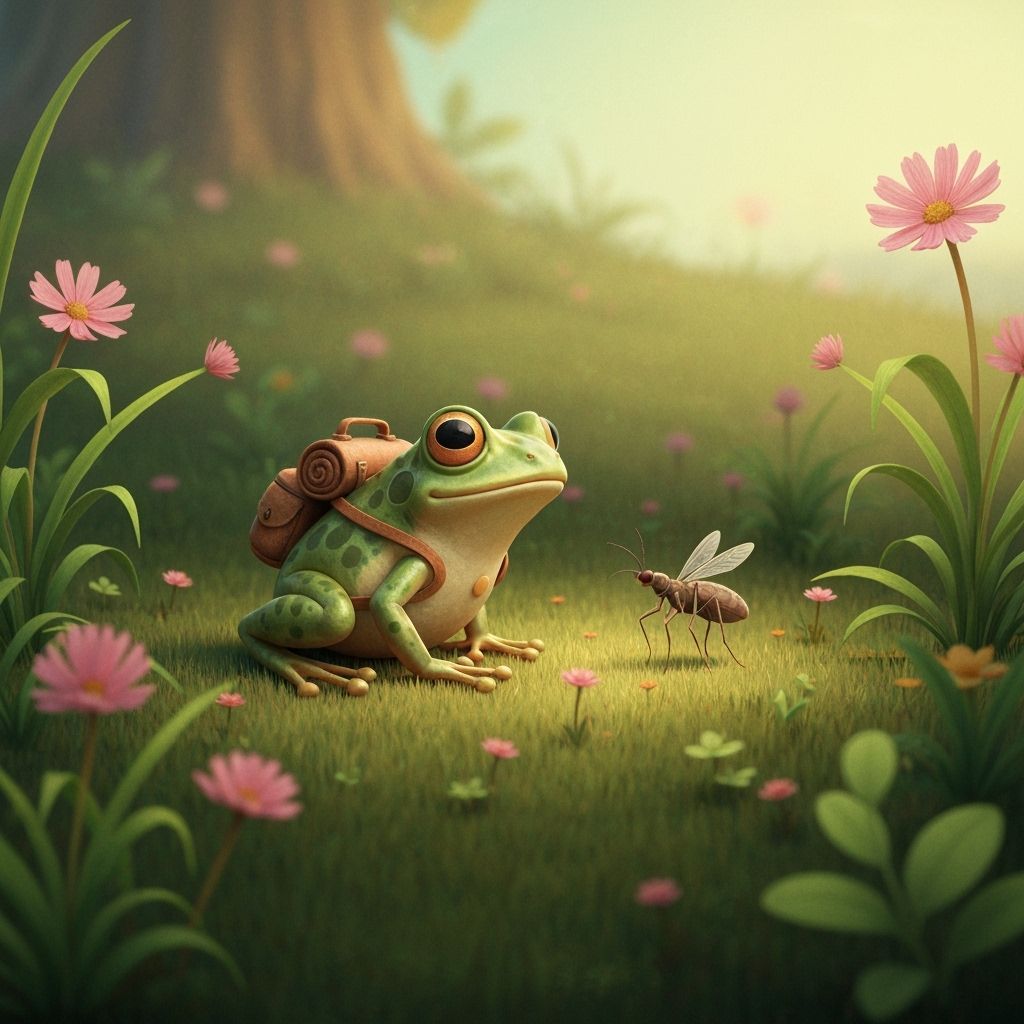Whimsical Frog Befriends Gnat in Enchanted Meadow