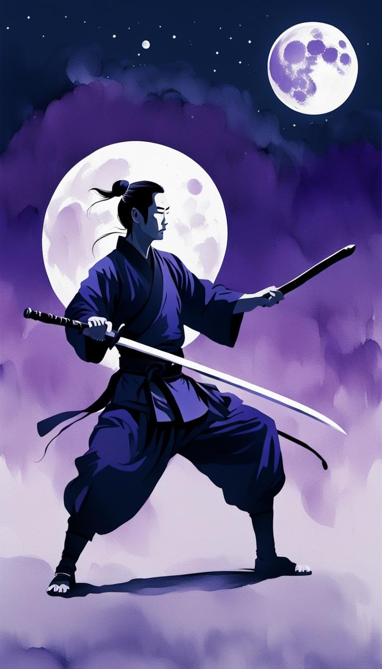 Minimalist Ink Painting of Swordsman Under Moonlight