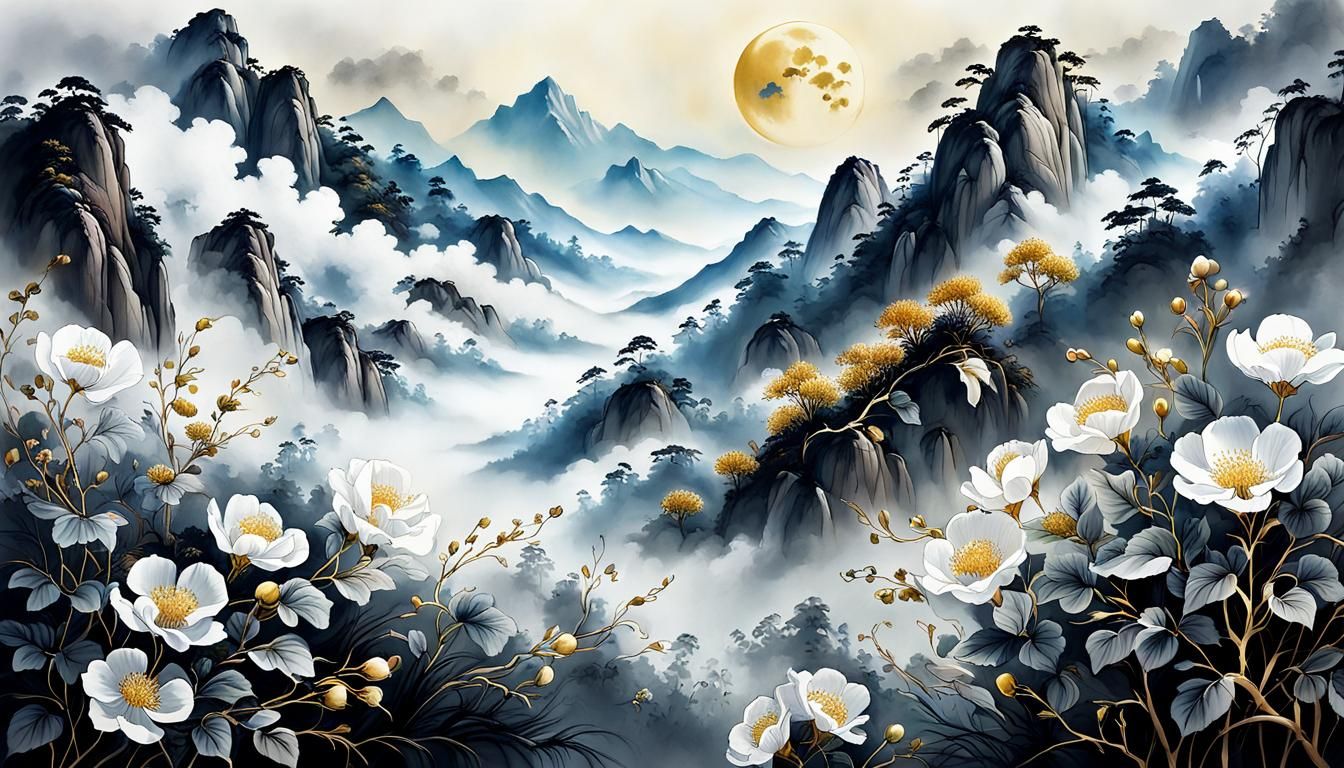 Chinese Ink Painting: Moonlit Mountains and Floral Wisps