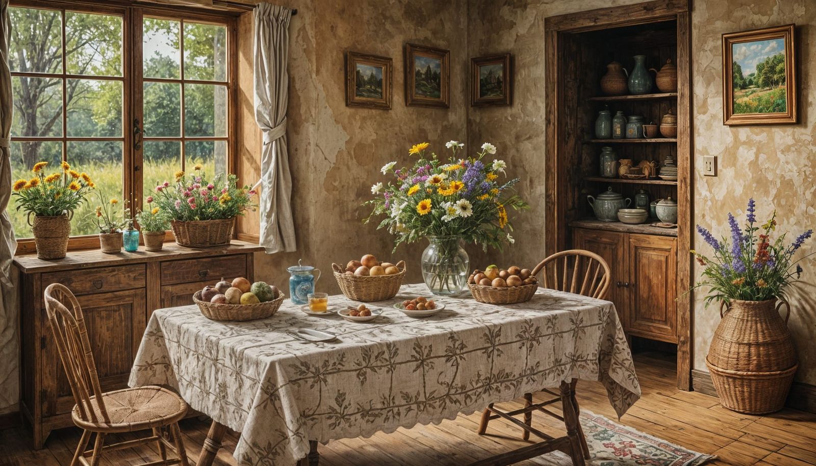 Rustic Interior with Wildflowers as Impasto Gouache