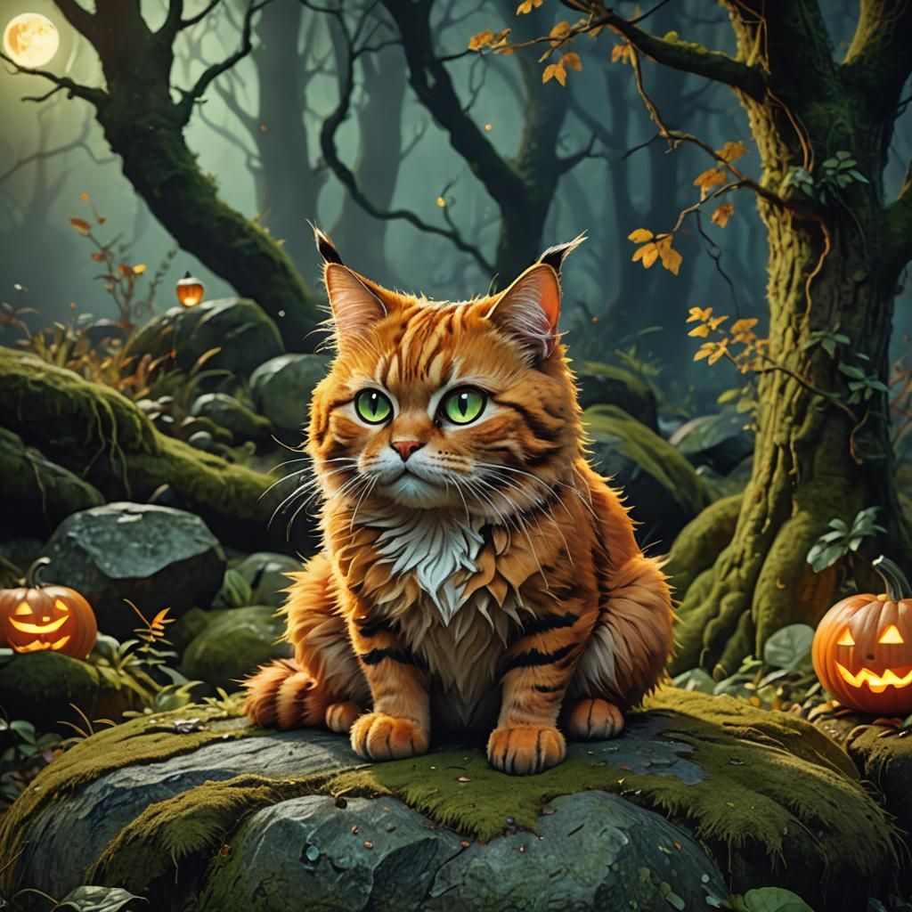 Pumpkin Cat in Mystical Forest, Digital Painting