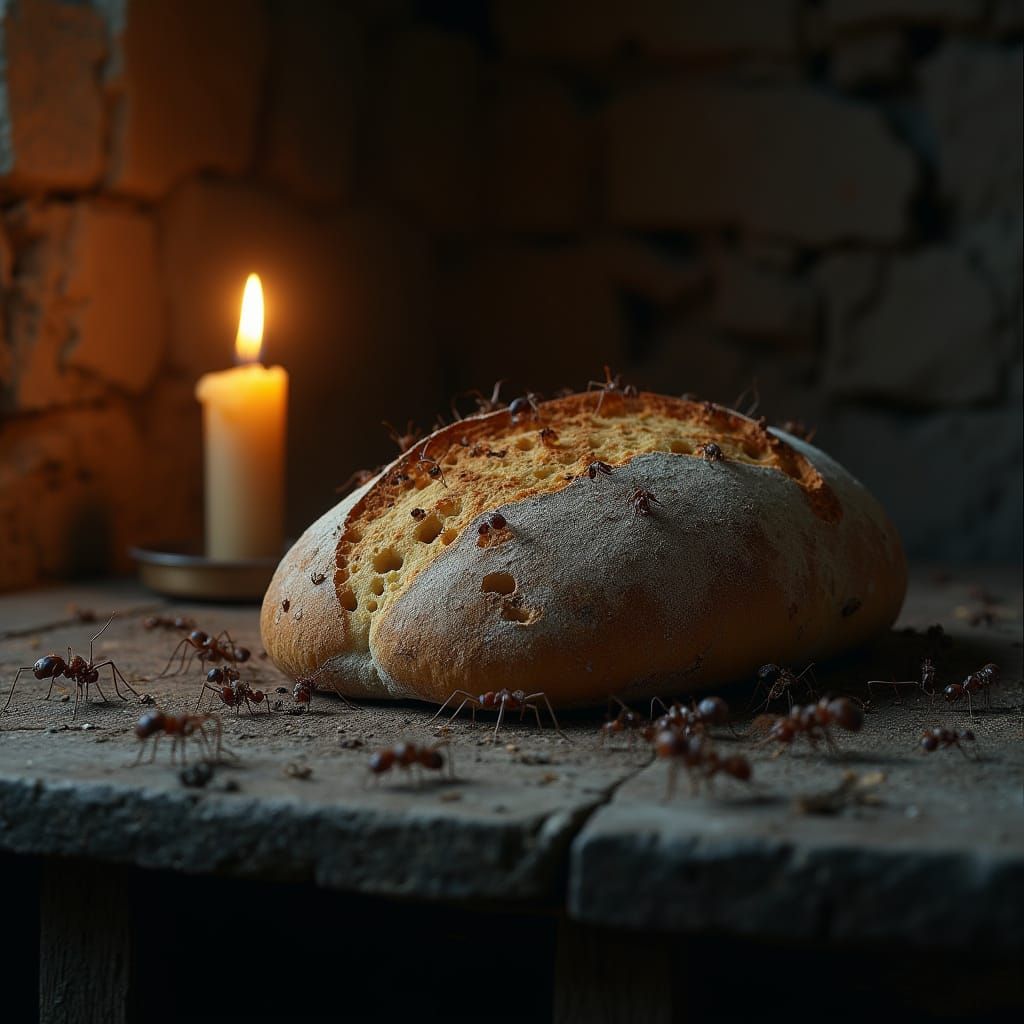 Moldy Bread Loaf with Ants in Abandoned Hut