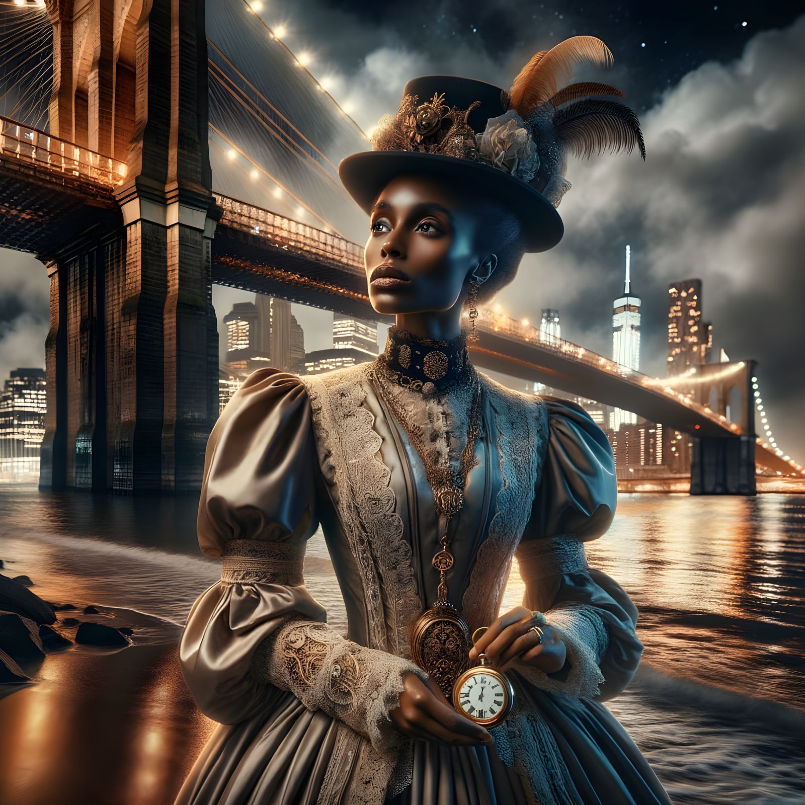 Victorian Time Traveler at Brooklyn Bridge at Night