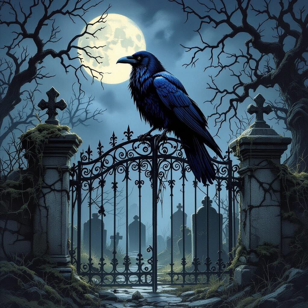 Gothic Raven in Moonlit Graveyard, Victorian Engraving Style