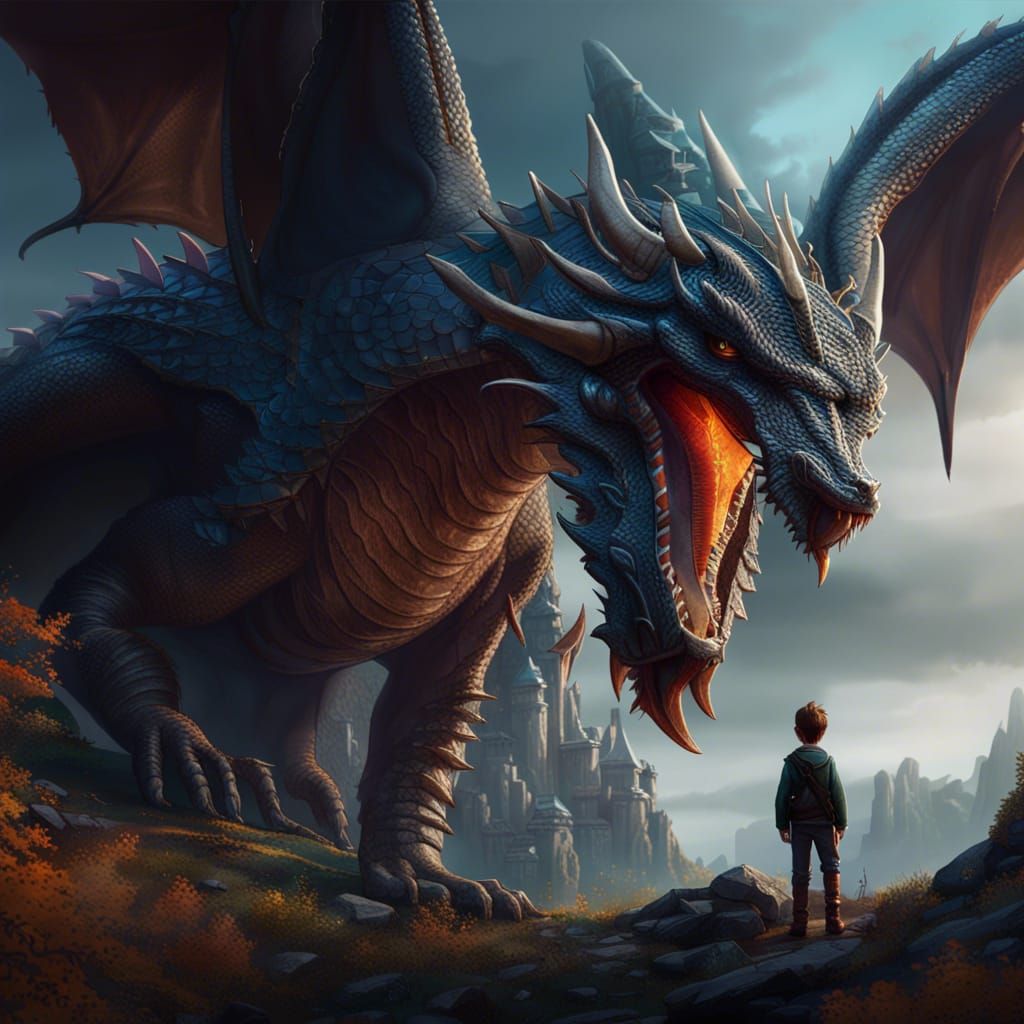Dragon and Boy in Detailed Fantasy Concept Art