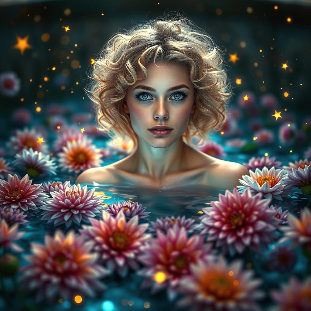 Ethereal Beauty in a Starlit Pool with Dahlias