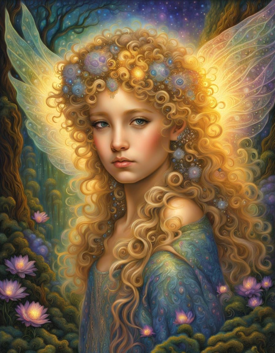Angel with Shimmering Silk Hair in Enchanted Forest