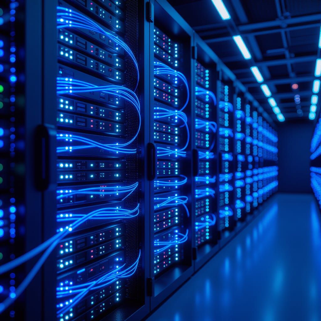 Futuristic Server Room with Glowing Fiber Optics