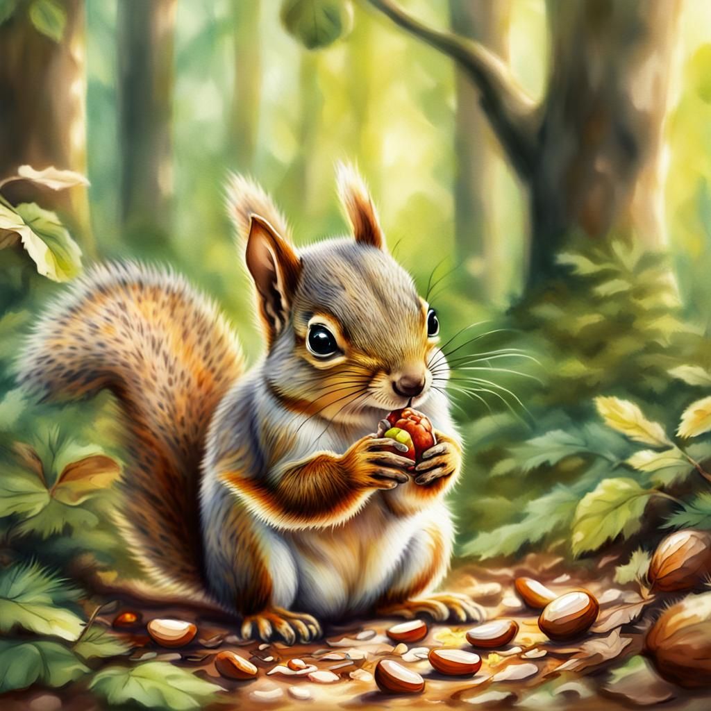 Baby Squirrel's Forest Lunch: Watercolor Illustration