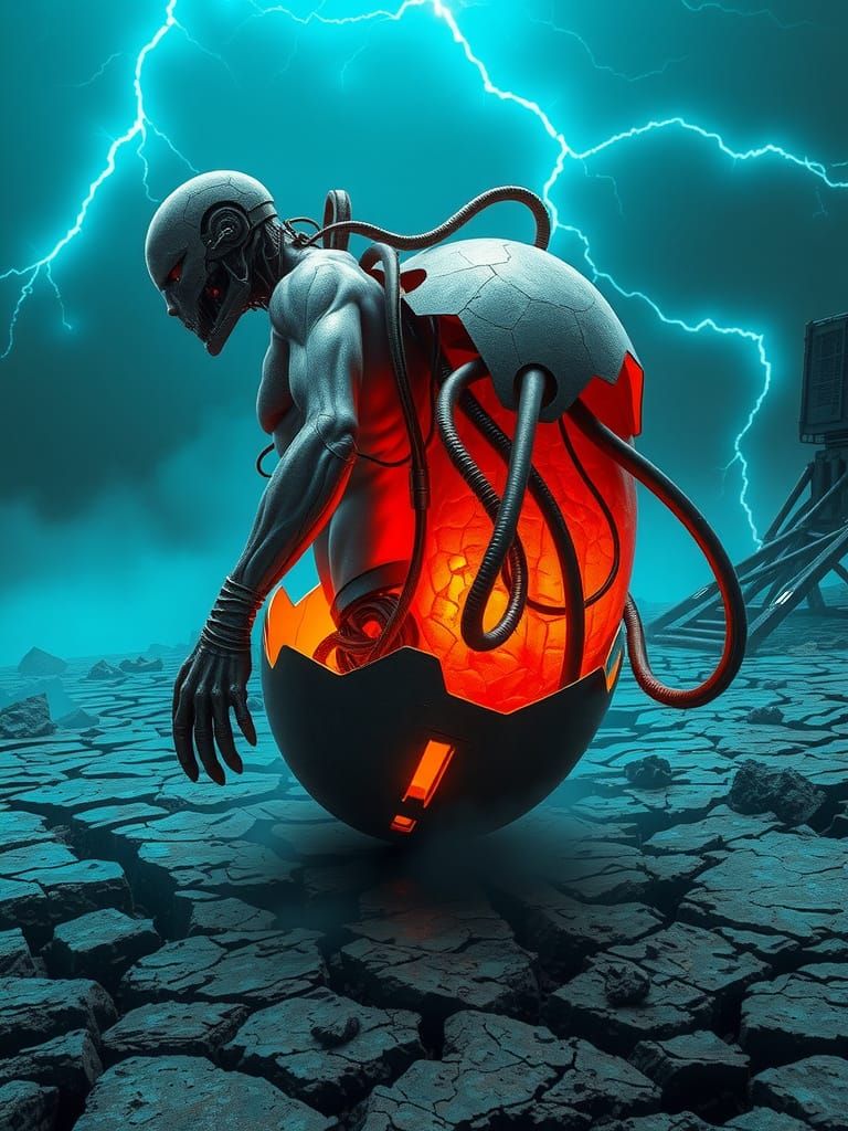 Surreal Biomechanical Figure Emerges from Cybernetic Egg in ...