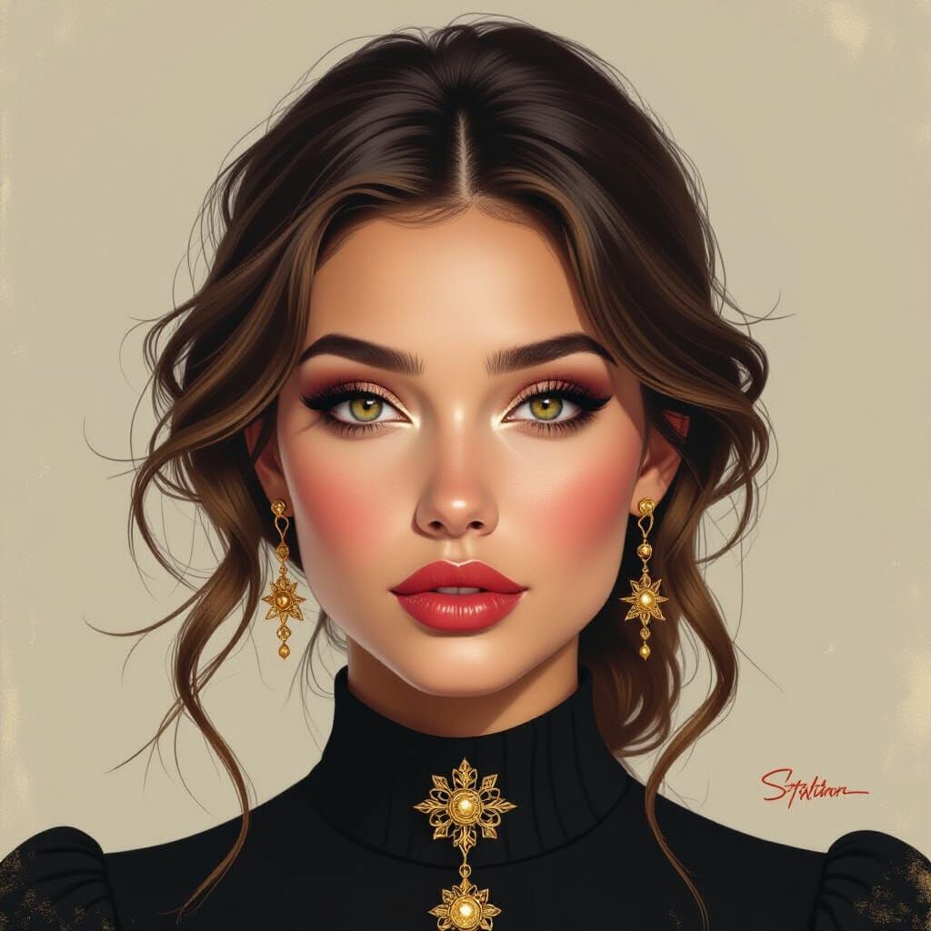 Golden Freckled Woman: Hyperrealistic Portrait with Gold Det...