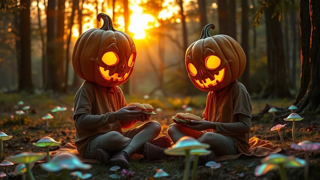 Pumpkin-Headed Teens Picnic in Enchanted Forest