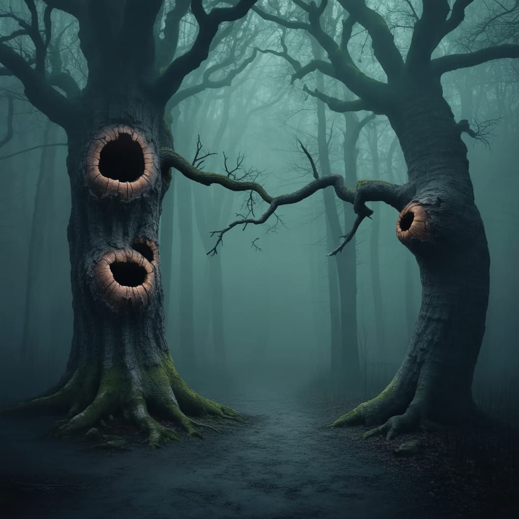 Gnarled Oak Tree in Foggy Forest