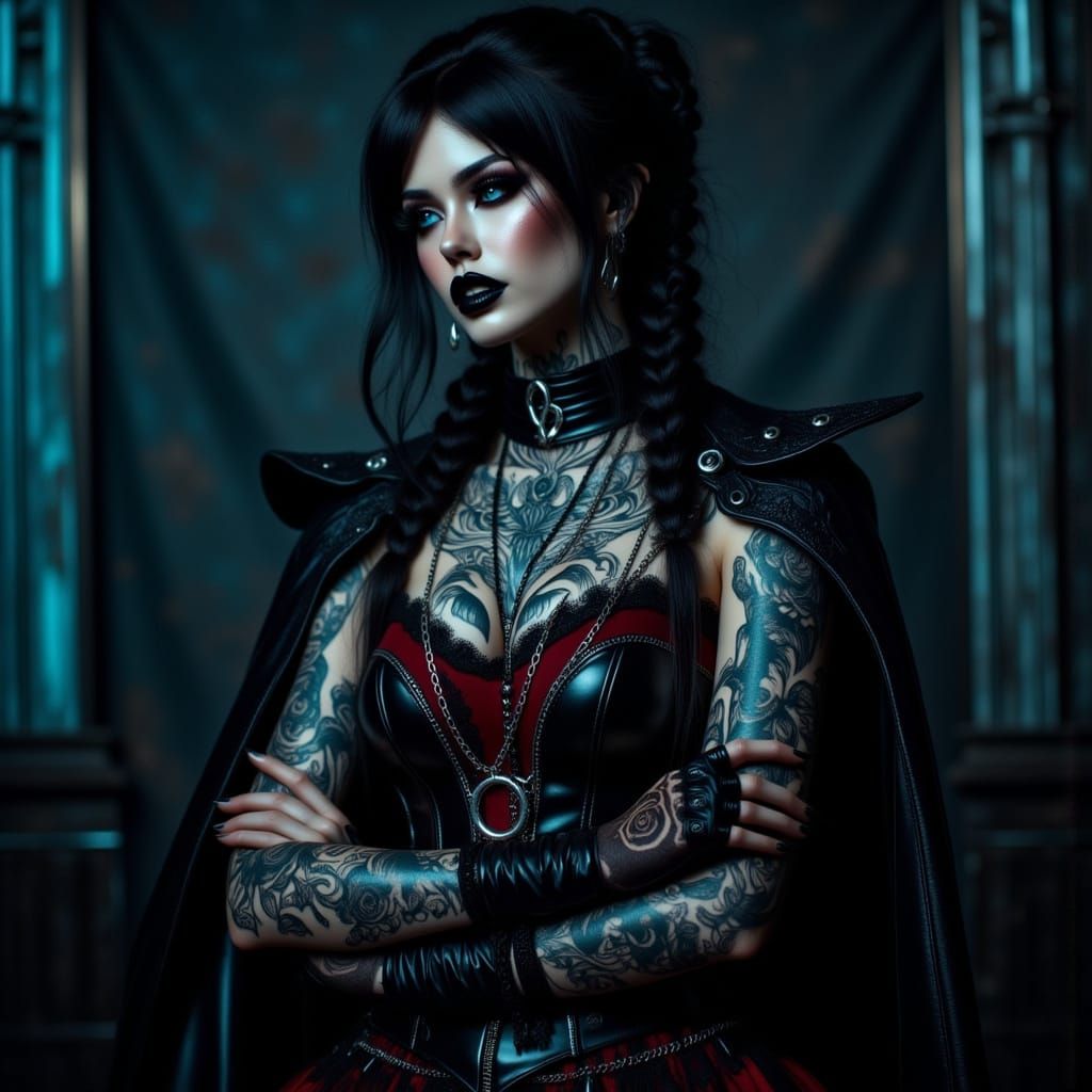 Fierce Gothic Priestess Portrait with Intricate Tattoos
