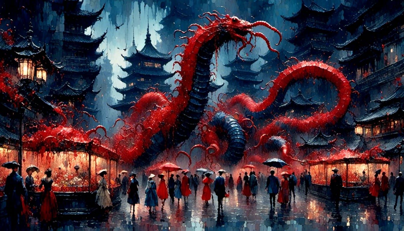 Kaiju Centipede Dominates Shanghai in Red and Indigo