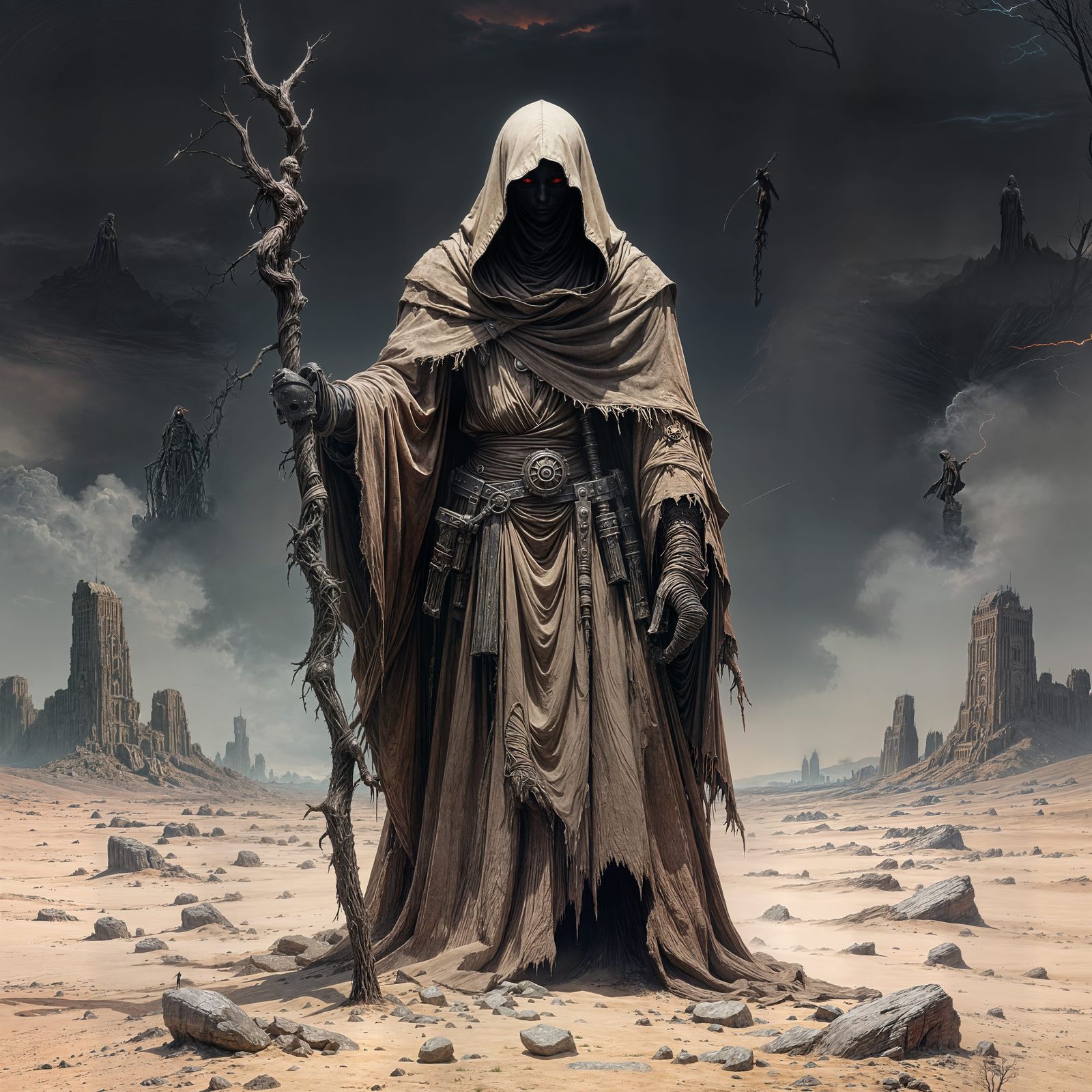 Hooded Figure in Wasteland, Dark Fantasy Art