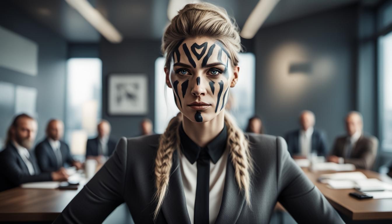 Businesswoman with Viking Warpaint Leading a Meeting