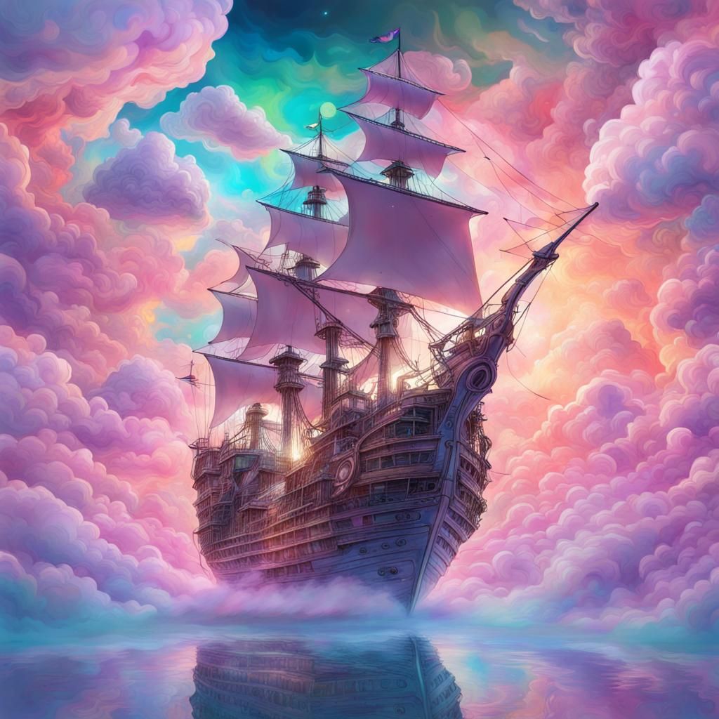 Transparent Pirate Ship Soaring Through Pastel Clouds