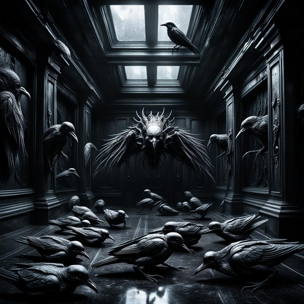 Eerie Cosmic Dead Birds in Dark Art Style