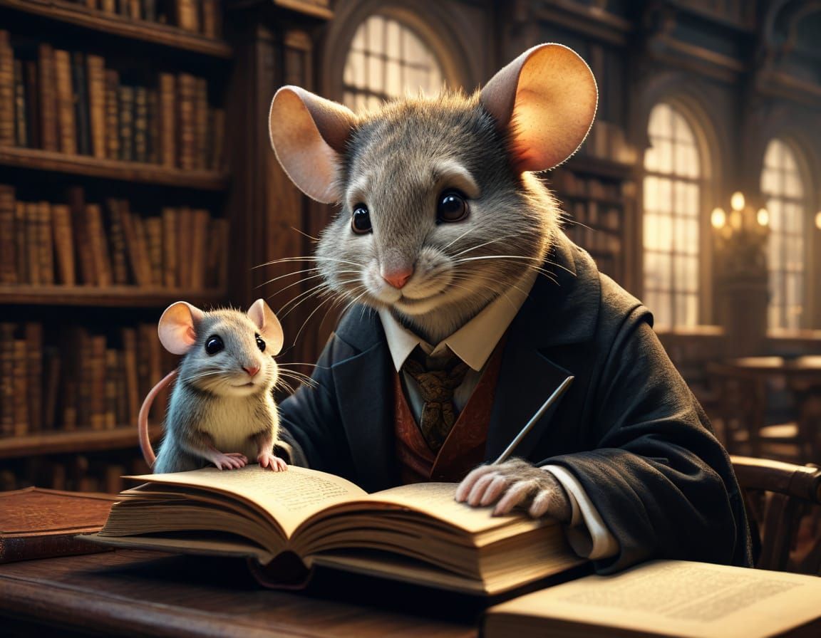 Charming Mouse Magician Blushing in Library