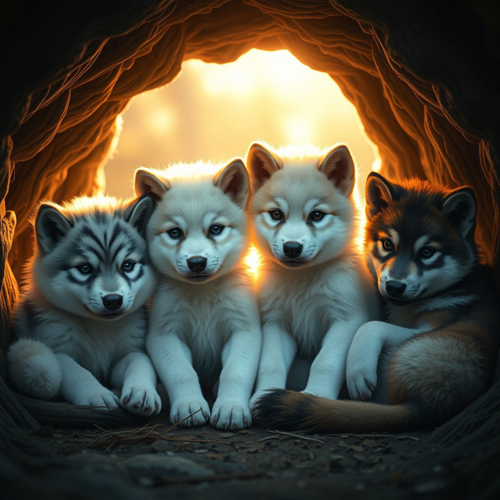 Adorable Wolf Pups Snuggled in Cozy Den