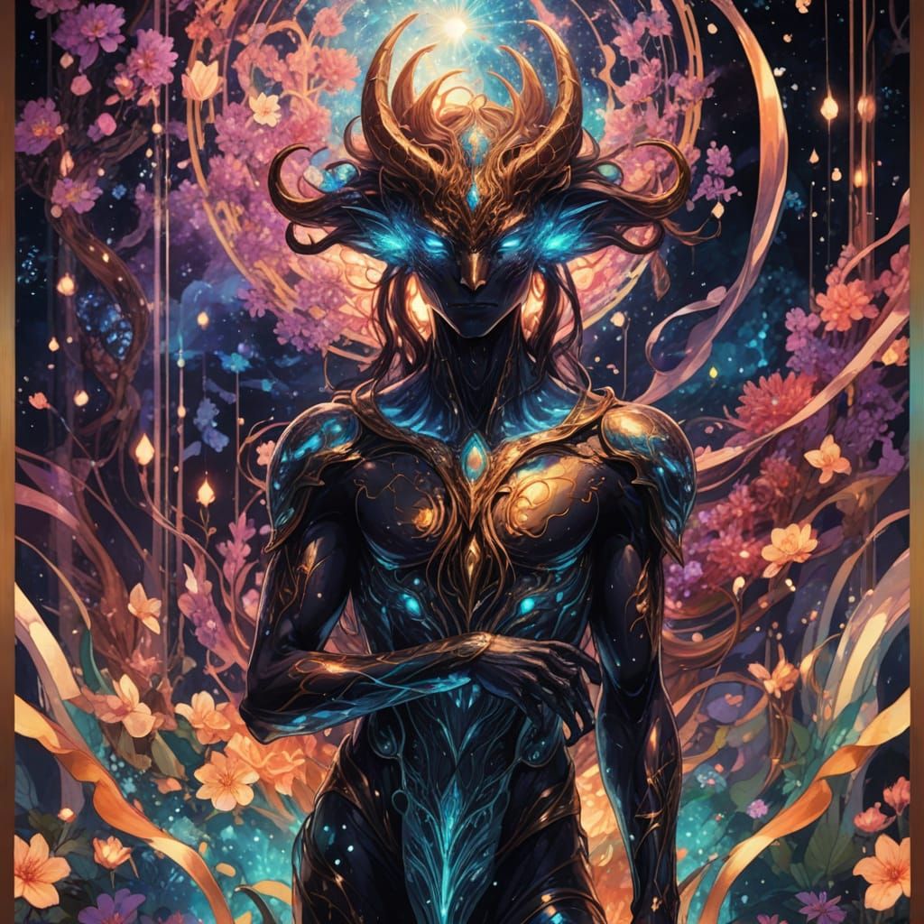 Ethereal Demon Surrounded by Bioluminescent Flowers