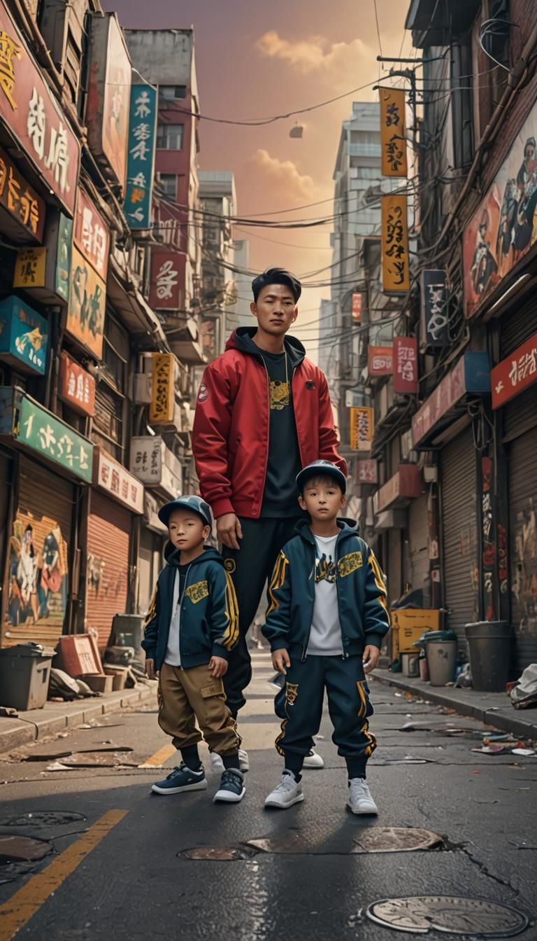 Asian Man with Twin Sons in Detailed Matte Painting