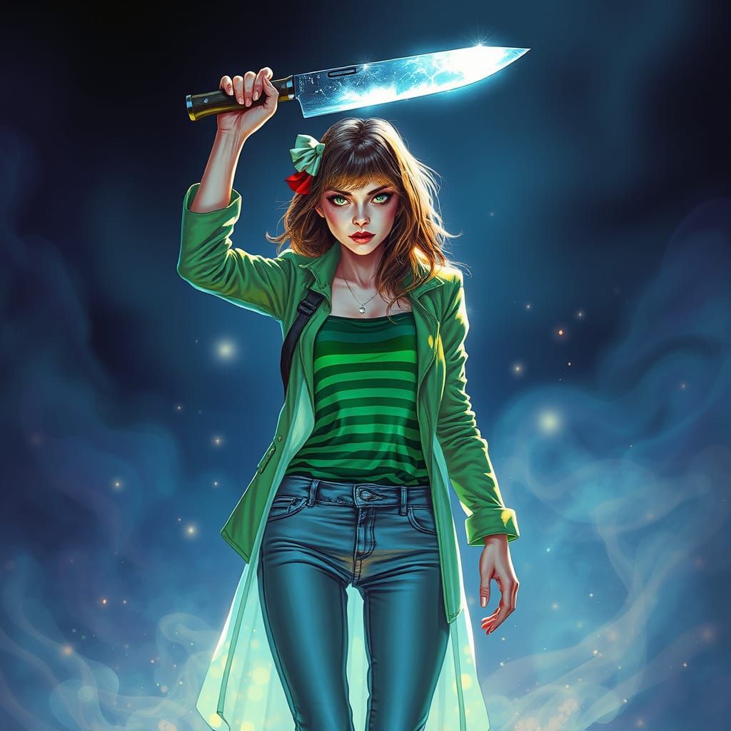 Translucent Ghost Woman with Knife in Vivid Colors