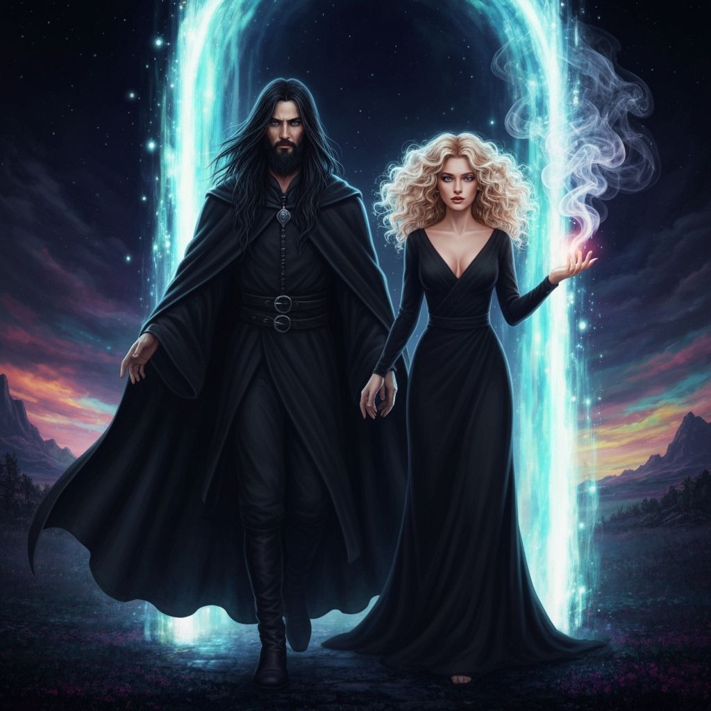 Dark Wizard Enters Shimmering Portal with Woman