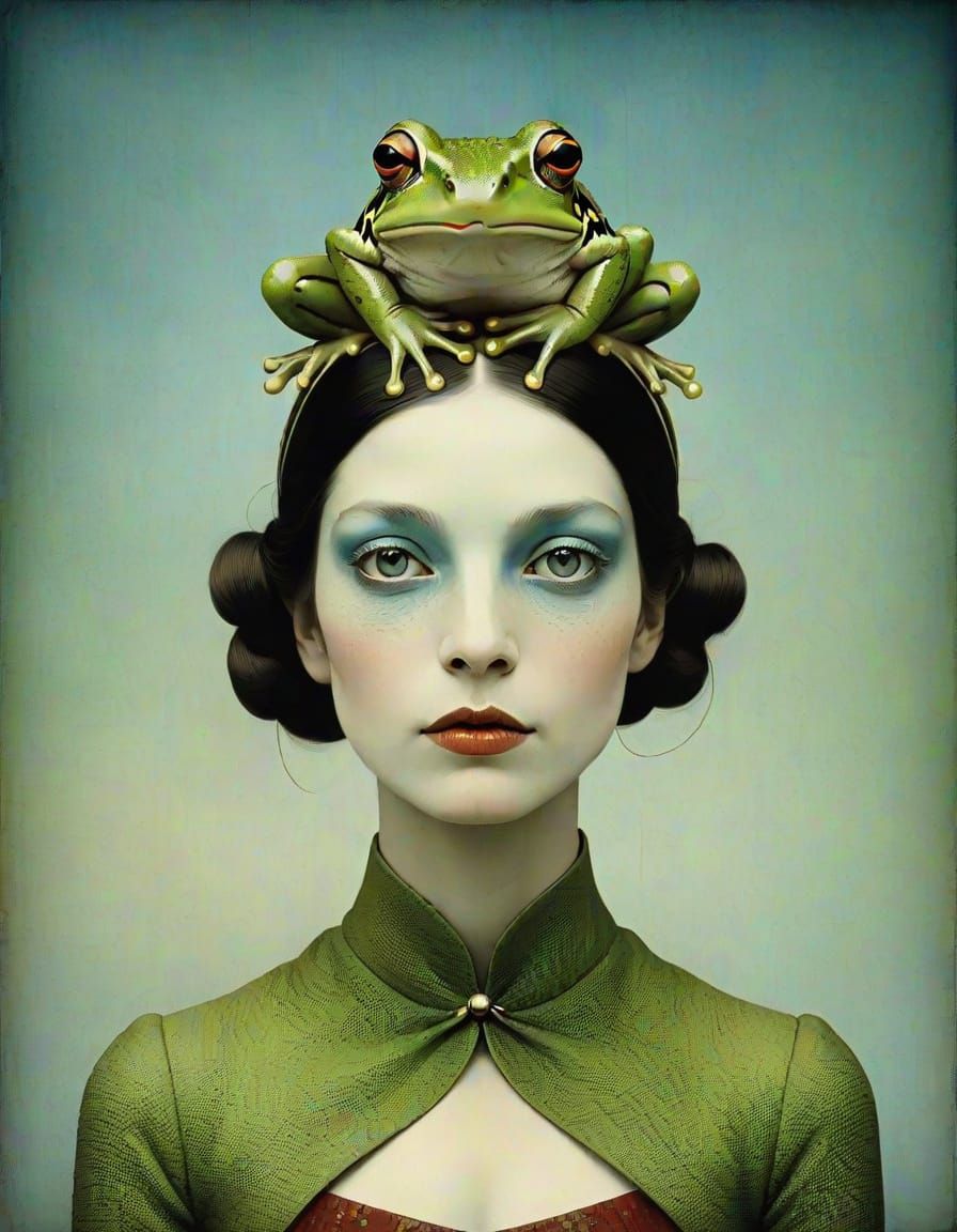 Minimalist Frog-Woman Portrait in Catrin Welz Stein Style