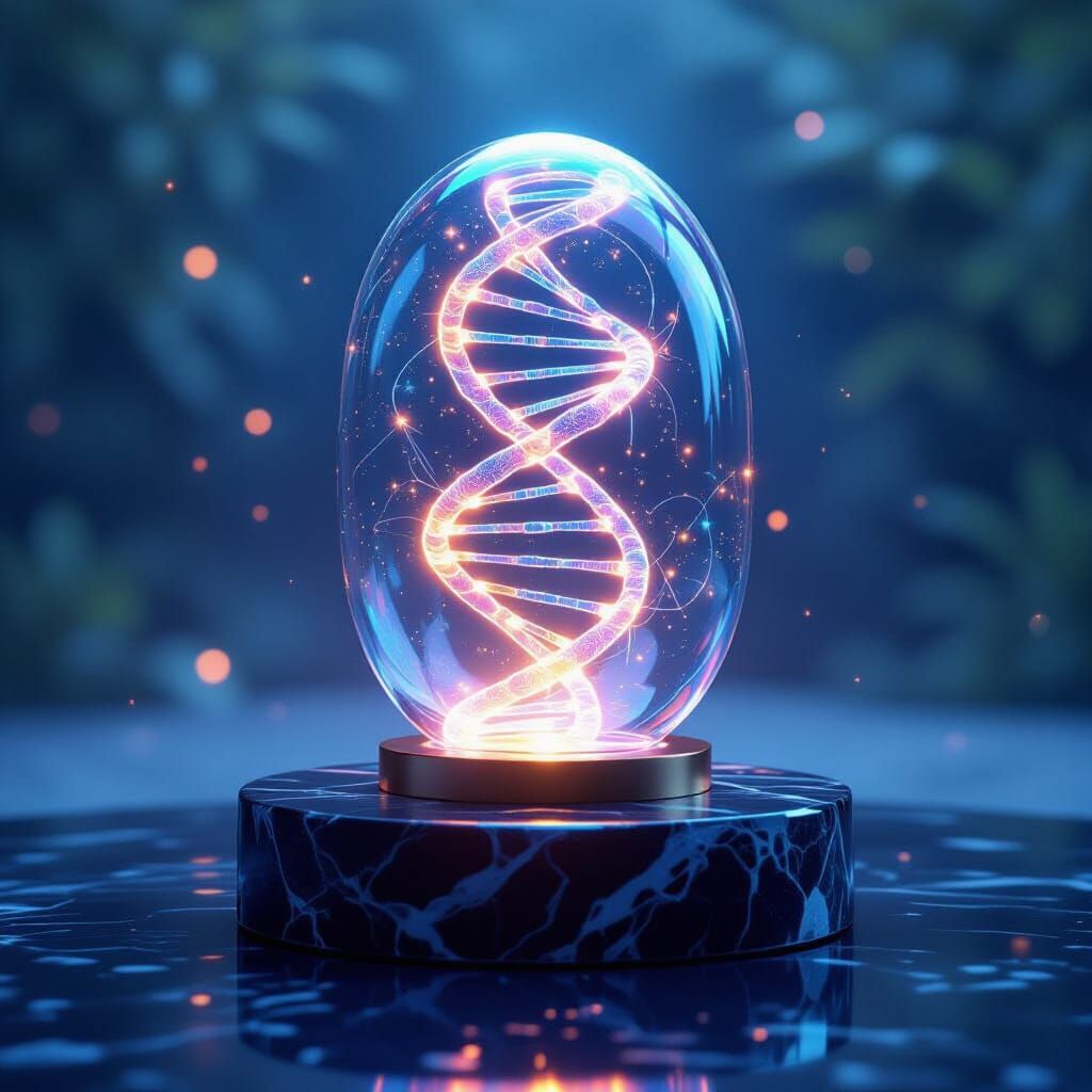 Iridescent Capsule with Swirling DNA Helix Projections