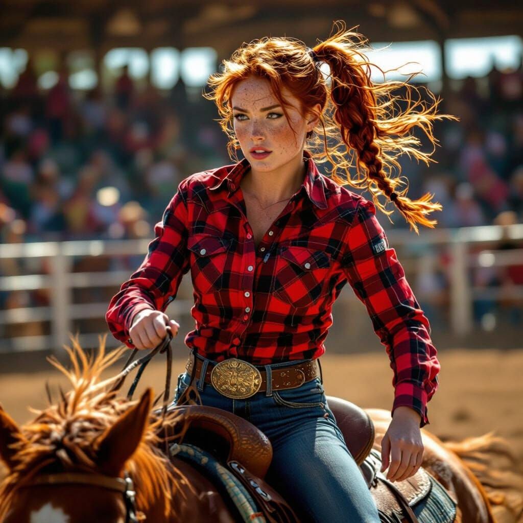 Cowgirl Rides Bucking Horse in Cinematic Rodeo Scene