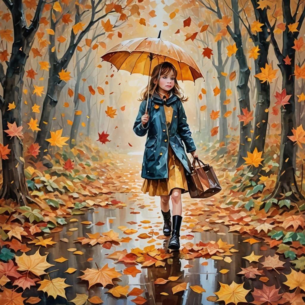 Toddler Girl Floating in Autumn Breeze: Watercolor Art