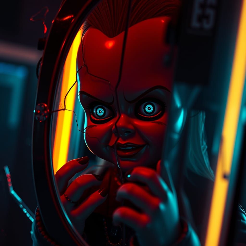 Evil Doll in Broken Mirror, Cyberpunk Neon