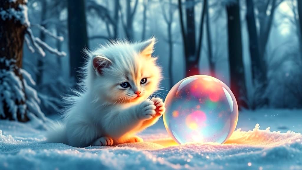 Whimsical Rainbow Kitten in Snowy Forest Fantasy Scene