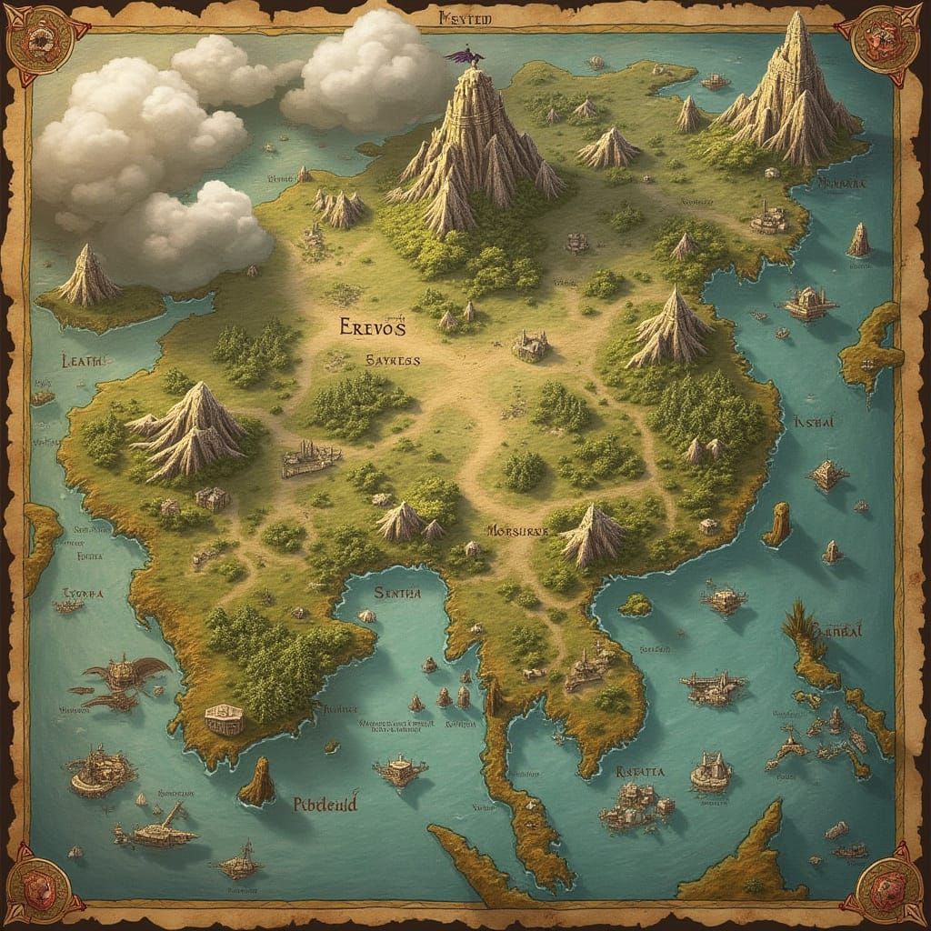 Fantasy World Map of Erevos in Classic Cartography Style