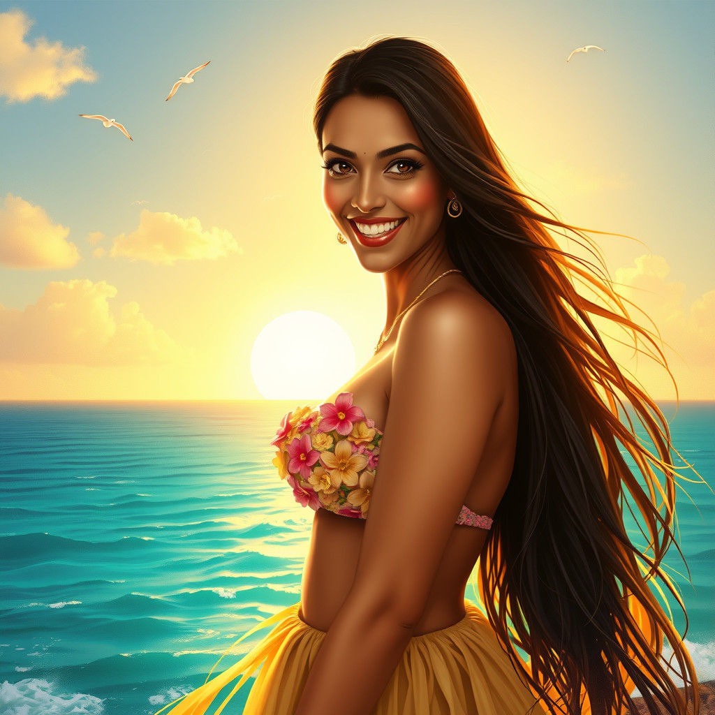 Woman in Grass Skirt with Sunset Ocean View