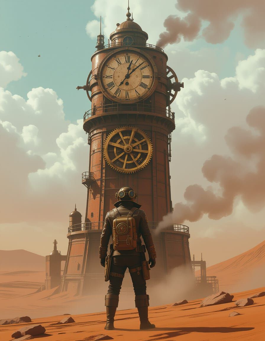Steampunk Explorer on Clockwork Tower in Industrial Style