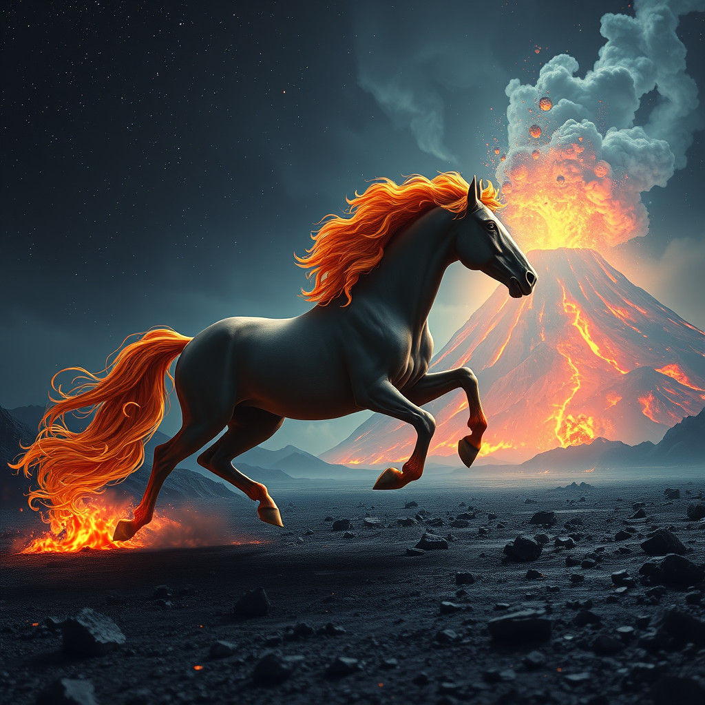 Fiery Horse Galloping Through Volcanic Landscape