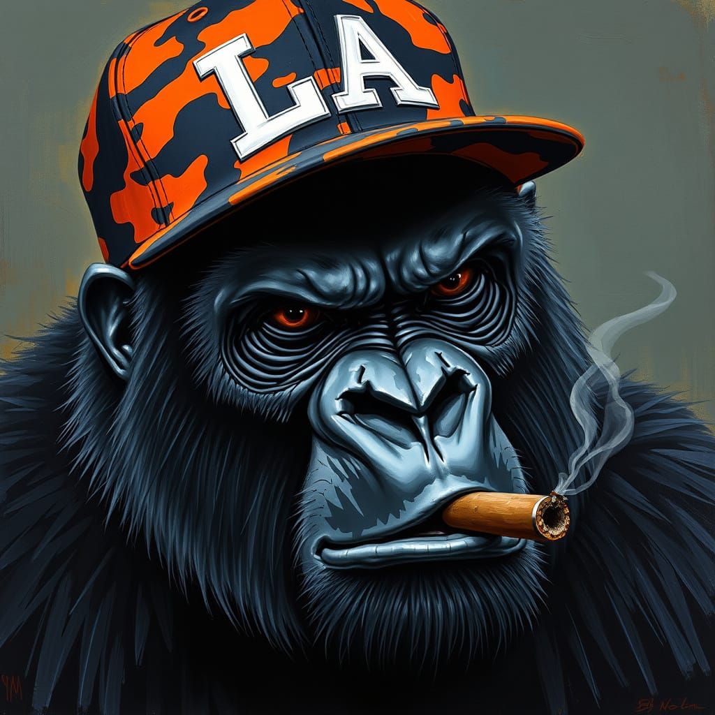 Gorilla in Camo Cap with Cigar, Neo-Expressionist Art