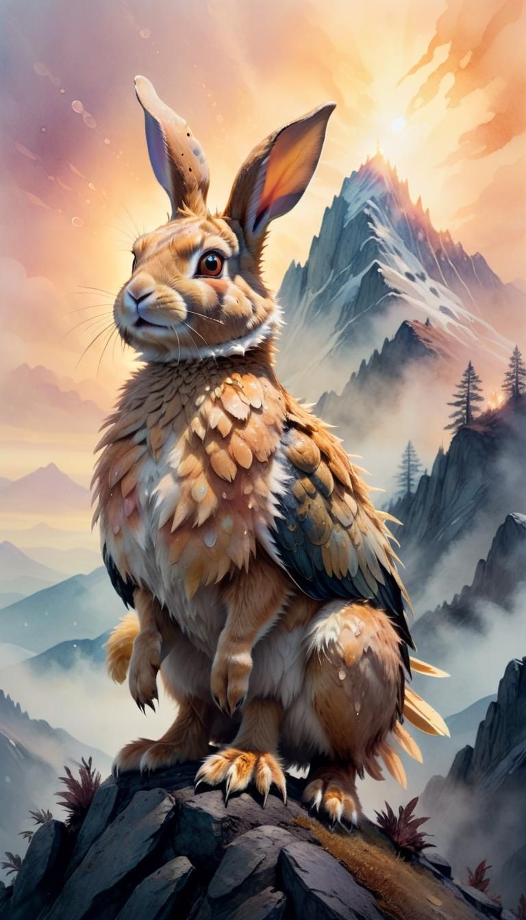 Rabbit-Raptor Hybrid on Misty Peak: Watercolor Fantasy
