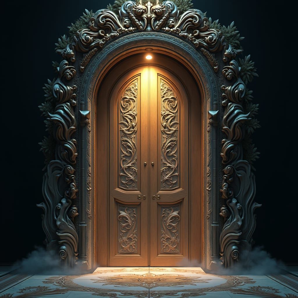 Ornate Doorway: Classical Meets Futuristic Surrealism