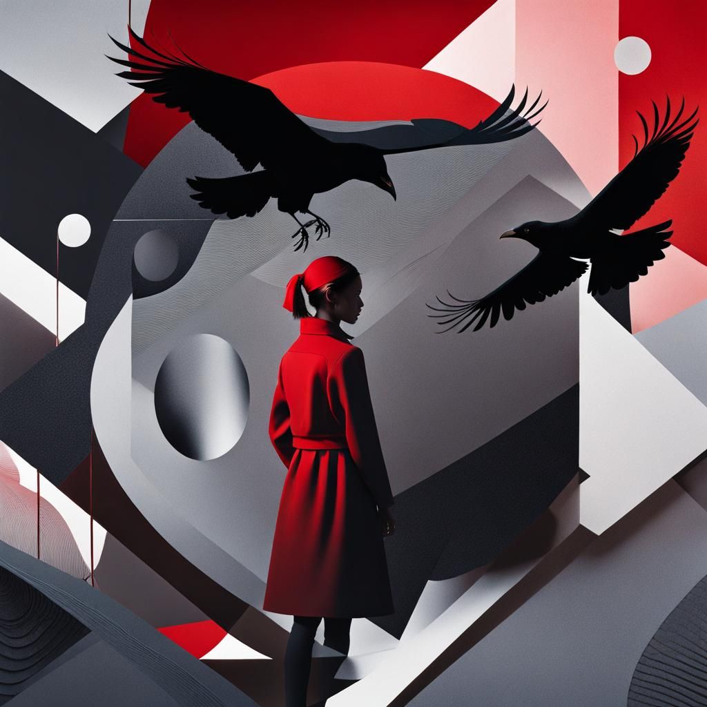 Girl and Raven in Abstract Topography