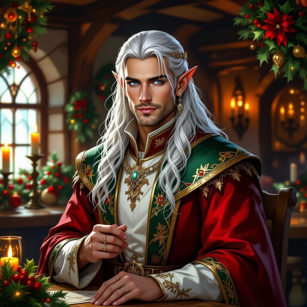 Festive Elf Warrior in Cozy Tavern