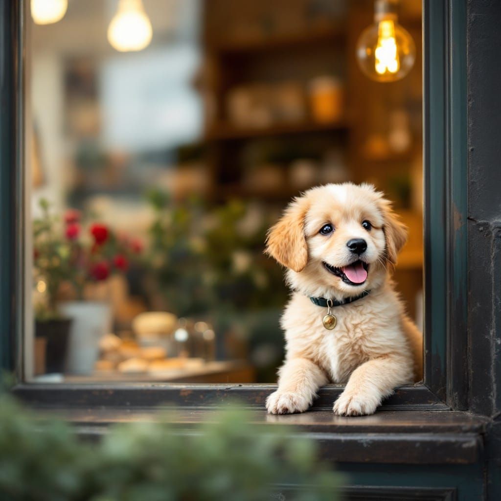 Joyful Puppy Peers Out of a Shop Window