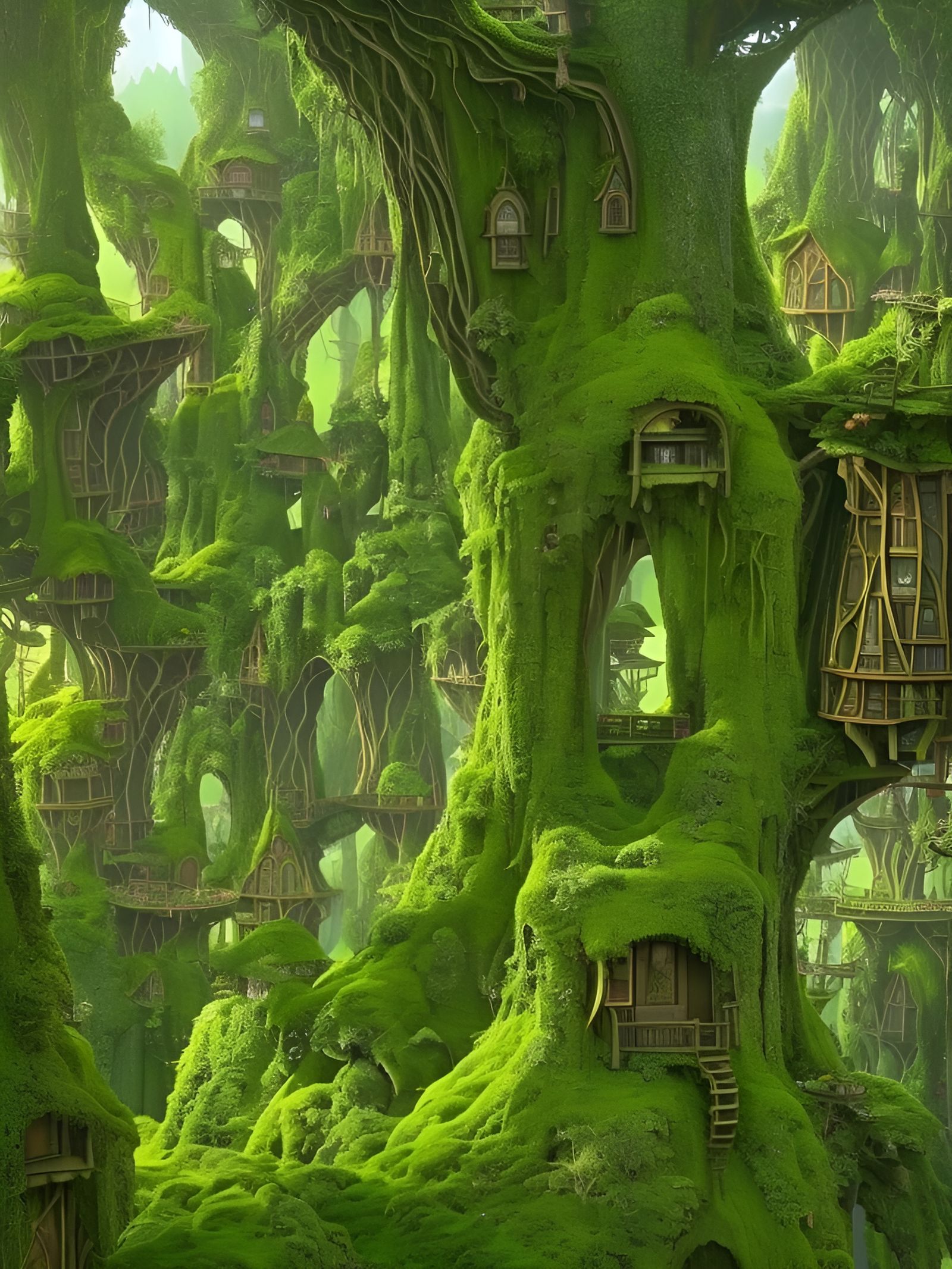 Magical Elvish Treehouse Village in Colorful Fantasy Setting
