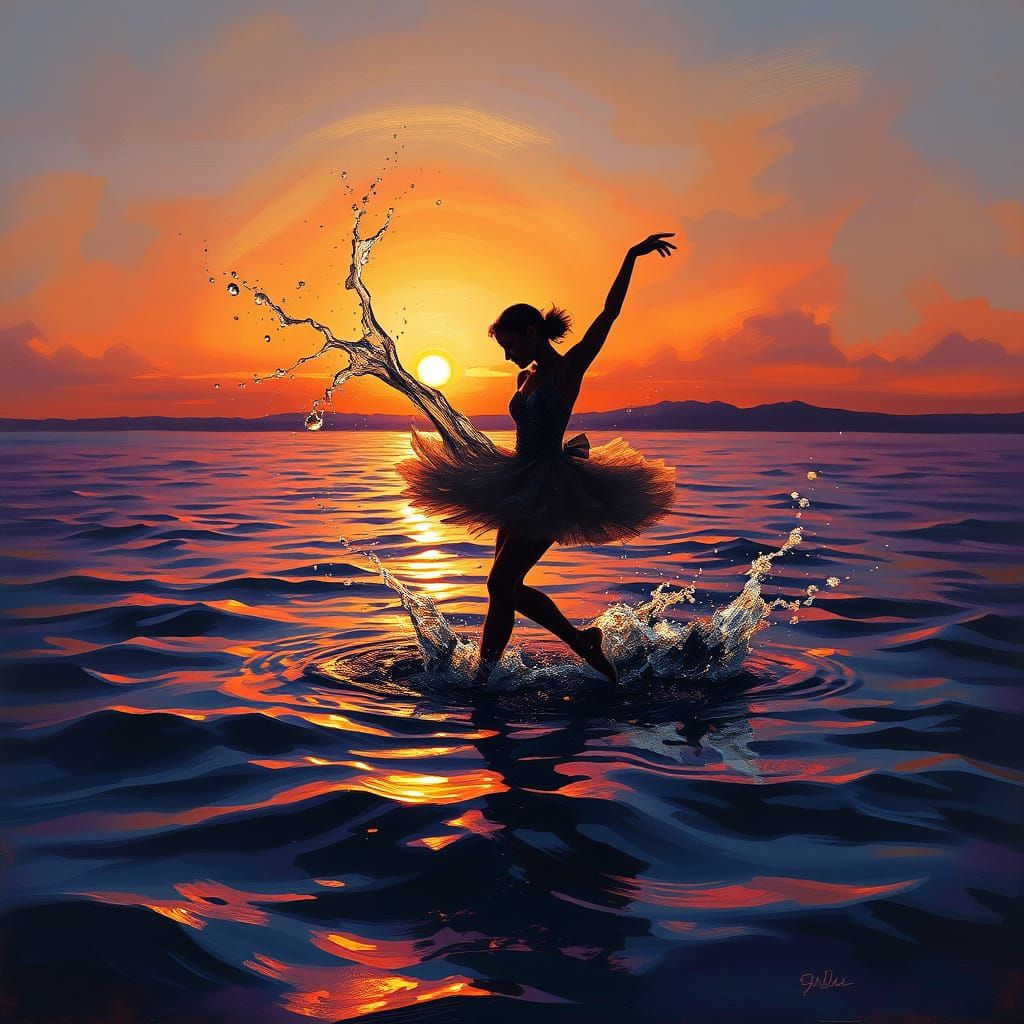 Ballerina Dancing on Water at Sunset in Painterly Style