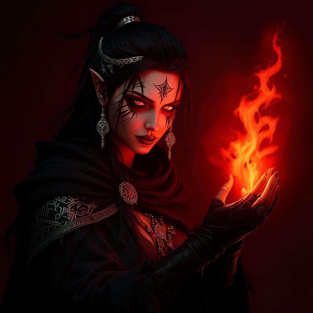 Dark Elf Mage Tattoo Design in Dark Fantasy Style